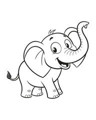 A simple black and white line drawing of a cheerful cartoon elephant with its trunk raised in excitement
