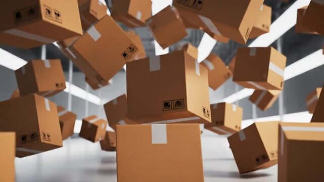 Falling and rotating cardboard boxes. Falling packages. Logistics and retail goods delivery commercial business concept. Professional cinematic slow motion 4K 3d animation