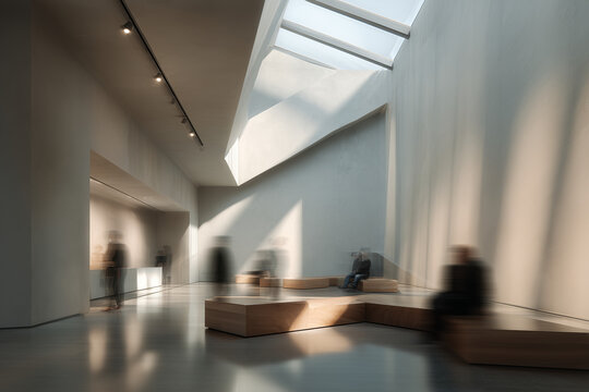 Sunlit minimalist museum interior with dramatic skylight and wooden modular benches, blurred visitors conveying motion in a serene contemporary gallery space