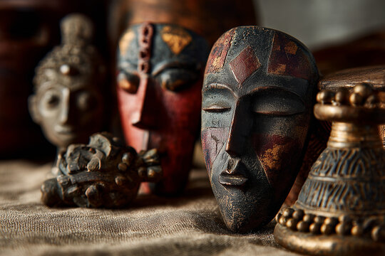 Close-up of carved tribal wooden masks and cultural artifacts with rich patina, textured details and warm ambient lighting on a rustic fabric backdrop - Powered by Adobe