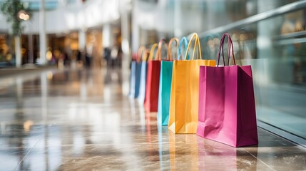 Row of colorful paper shopping bags rests on polished floor inside a brightly lit commercial center