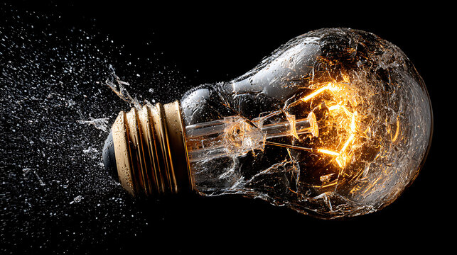 Dynamic close-up of a glowing incandescent light bulb shattering with water droplets exploding outward, symbolizing brilliant ideas and innovation.