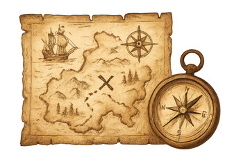 Vintage treasure map and compass exploring pirate adventure