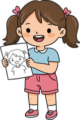 Cute smiling girl holding her self portrait drawing, happy child illustration, creative kids art education concept vector design
