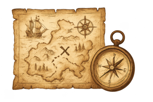 Vintage treasure map and compass exploring pirate adventure