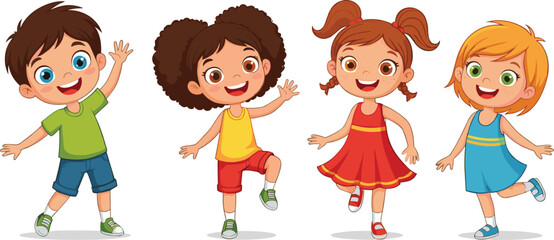 Happy group of diverse children dancing together, smiling cartoon kids in colorful outfits having fun and playing illustration