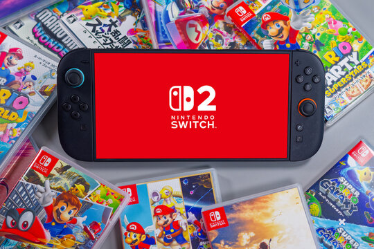 Fukuoka, Japan - november 5, 2025 : Nintendo Switch 2 with various game cartridges