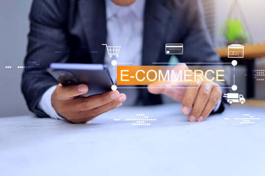 e-commerce concept with businessman pointing on digital marketing platform to operate online market place on smartphone virtual interface