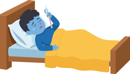 Sick man lying in bed with fever and thermometer, unwell person resting, illness and healthcare concept illustration