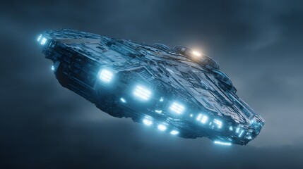 Heavily detailed science fiction transport vessel illuminates dark atmosphere while flying