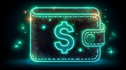 Glowing digital wallet icon with currency symbol illuminates a dark background