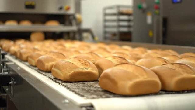 Freshly baked bread loaves move along a conveyor belt, fresh from the oven, ready for packaging