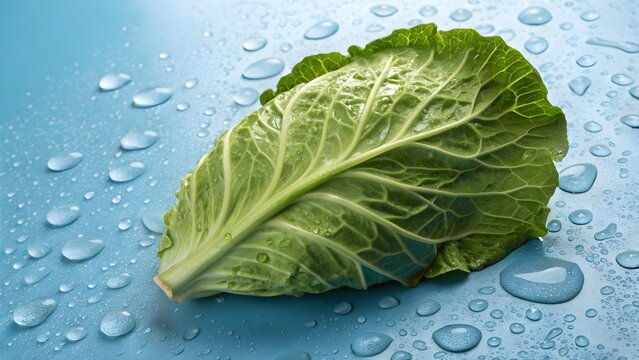 Green cabbage leaf with water droplets on blue background. Fresh vegetable macro photo for healthy diet, vegan, or natural food concept.