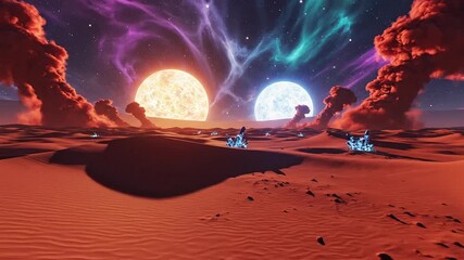 Dreamy alien landscape showcases vibrant celestial bodies illuminating a surreal desert terrain with glowing crystals in a captivating animated video - Powered by Adobe