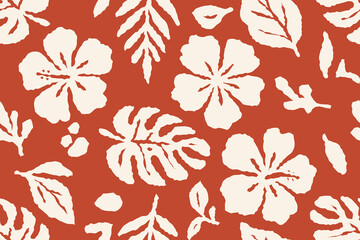 Seamless tropical hibiscus and monstera leaf pattern in cream on terracotta background. Hawaiian-inspired floral design for summer fashion, textiles, home decor, wallpapers, and beachwear prints.