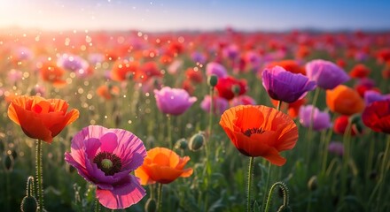 Colorful Poppy Field at Sunrise with Dew Drops on Flowers
