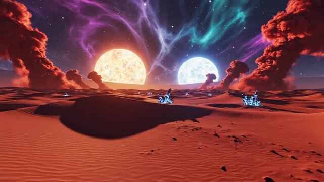 Dreamy alien landscape showcases vibrant celestial bodies illuminating a surreal desert terrain with glowing crystals in a captivating animated video