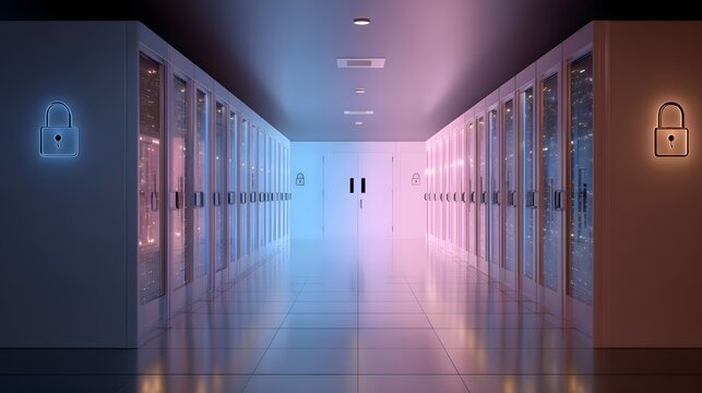 Symmetrical server room aisle features glowing security symbols under contrasting blue and pink illumination