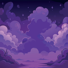 Mystical night landscape with glowing purple clouds, dark silhouettes of trees, and a dreamy fantasy sky — vector illustration, flat style, soft gradient