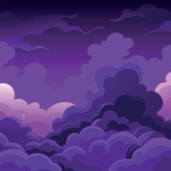 Mystical night landscape with glowing purple clouds, dark silhouettes of trees, and a dreamy fantasy sky — vector illustration, flat style, soft gradient