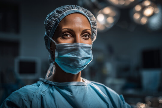 Focused surgeon in blue scrubs and mask in a sterile operating room under surgical lights, medical professional portrait - Powered by Adobe