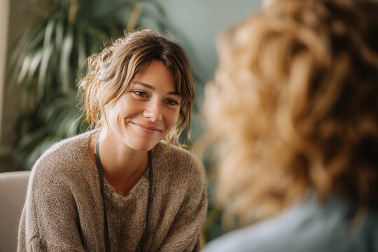 Warm candid portrait of a smiling young woman engaged in a thoughtful, compassionate conversation in a cozy indoor setting, capturing connection and empathy