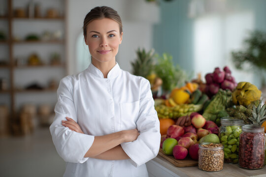 Confident female chef in white coat standing before colorful fresh produce and jars, promoting healthy cooking, organic ingredients and farm-to-table cuisine