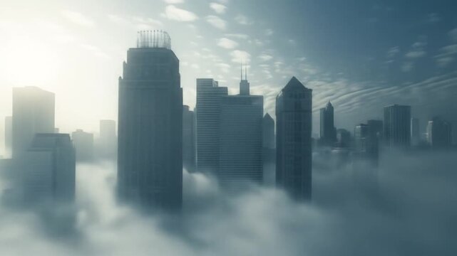 Modern city skyline shrouded in dense fog and mist during sunrise, featuring towering skyscrapers emerging from clouds. - Powered by Adobe