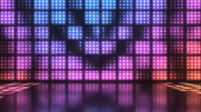  Seamless 4K loop animation of a colorful retro disco light wall. Vibrant neon panels flash rhythmically in multiple colors, with reflections and soft glows on surrounding surfaces. Smooth,