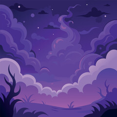 Mystical night landscape with glowing purple clouds, dark silhouettes of trees, and a dreamy fantasy sky — vector illustration, flat style, soft gradient