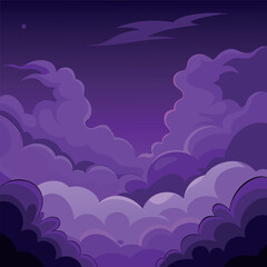 Mystical night landscape with glowing purple clouds, dark silhouettes of trees, and a dreamy fantasy sky — vector illustration, flat style, soft gradient