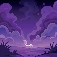 Mystical night landscape with glowing purple clouds, dark silhouettes of trees, and a dreamy fantasy sky — vector illustration, flat style, soft gradient