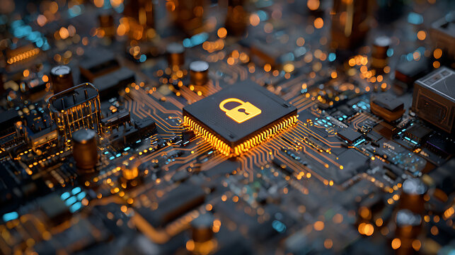 Secure digital data with glowing cyber lock on advanced microchip circuit board, representing cybersecurity and technology protection.