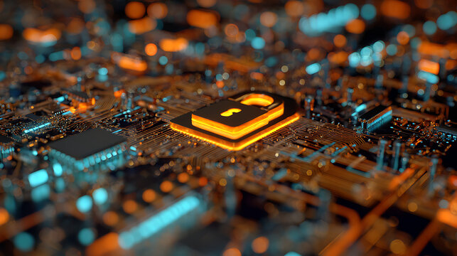 Digital security padlock glowing on a futuristic circuit board symbolizing data protection and cyber defense technologies