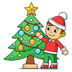 Fototapeta premium Kid decorating Christmas tree with ornaments and cheerful expression on white background