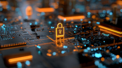 Secure digital network glowing padlock on futuristic motherboard circuit board, representing data protection and cybersecurity innovation.