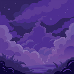 Mystical night landscape with glowing purple clouds, dark silhouettes of trees, and a dreamy fantasy sky — vector illustration, flat style, soft gradient