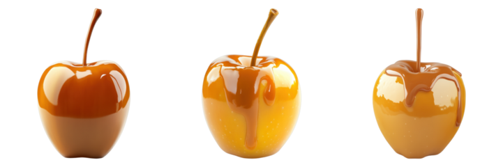 Three caramel apples with glossy caramel coating. These delicious treats are perfect for any occasion. Each apple is a symbol of sweet indulgence.