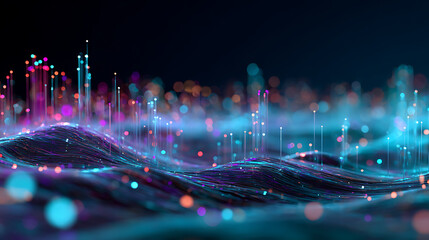 Dynamic glowing digital data streams flowing like waves, representing futuristic technology and information flow