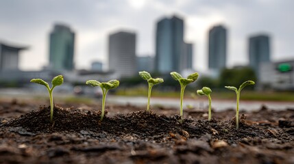 Young plant sprouts emerge from dark soil against a blurred metropolitan backdrop