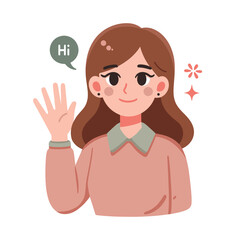 Vector Illustration of a Young Woman Waving and Greeting with "Hi" in a Speech Bubble