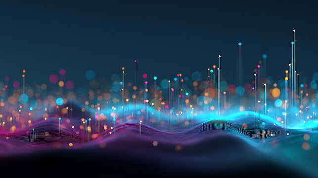 Dynamic abstract data visualization with glowing particles and vibrant wave forms, perfect for tech and science innovation concepts