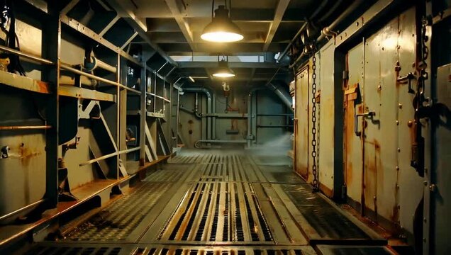 Slow Tracking Shot Moving Through Gritty Industrial Steel Corridor with Steam Floating in Dark Atmospheric Metallic Ship Interior Room, Warm Hanging Lights B-Roll Clip