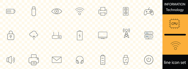 Technology line icons set with editable stroke, featuring gaming console, wireless mouse, nfc, wifi, knowledge worker, vr, cpu, smart tv, internet, social. thin linear