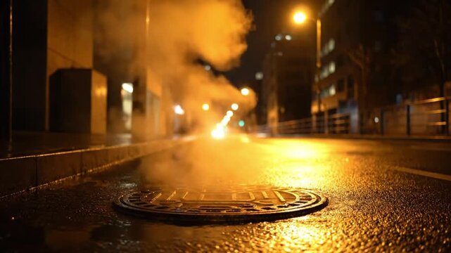 Urban night scene with steam emerging from a manhole on a reflective wet street