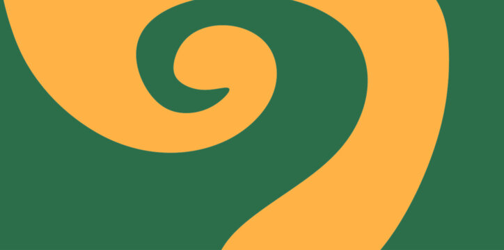 Abstract Swirl Koru Spiral Vector Background. A large, bold spiral (resembling a Koru or fern frond) in orange on a green background. Vector illustration background.