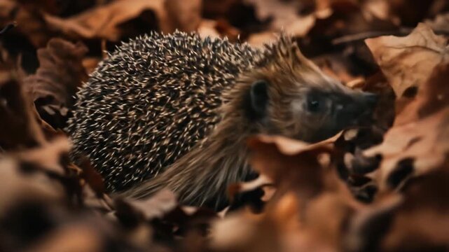 Adorable hedgehog wiggles through autumn leaves in a beautiful woodland scene, animal wildlife and