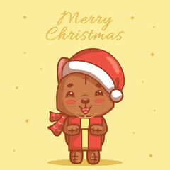 
A cute Christmas card with a kawaii cat holding a gift box.