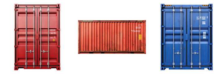 Three vibrant shipping containers arranged side by side, a red and a blue one flanking a central red container. Their textures and the play of light create a dynamic image