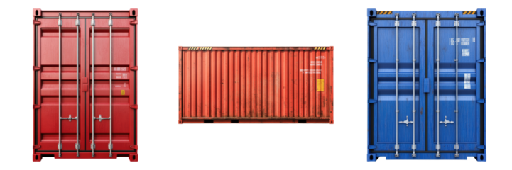 Three vibrant shipping containers arranged side by side, a red and a blue one flanking a central red container. Their textures and the play of light create a dynamic image